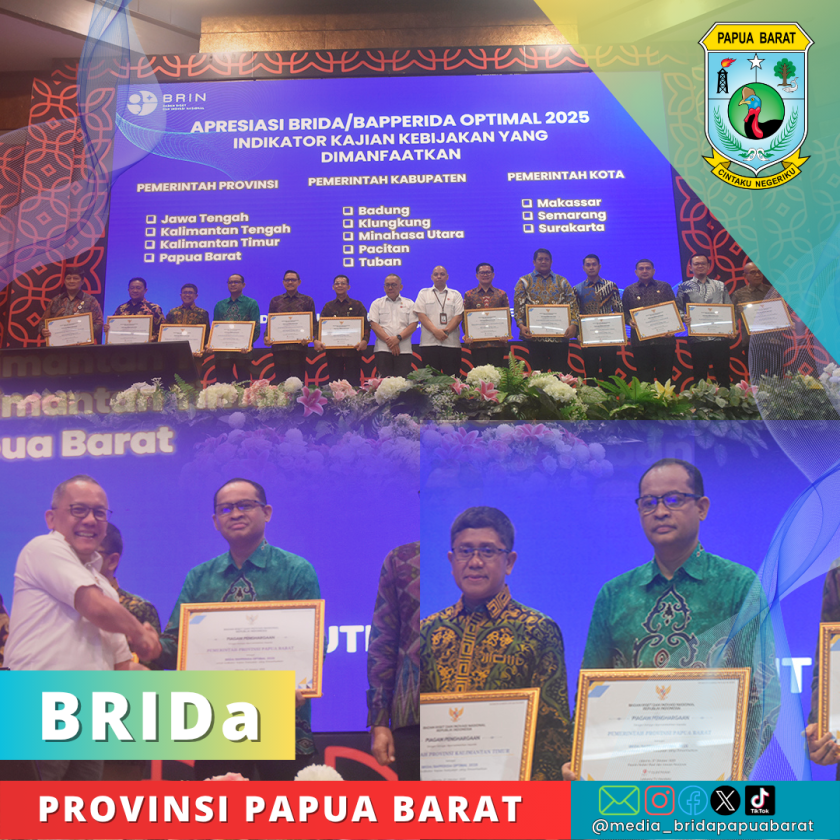 BRIDA PROVINSI PAPUA BARAT TERIMA APRESIASI BRIDA OPTIMAL 2025: Penggerak Riset dan Inovasi Untuk Kemajuan Daerah